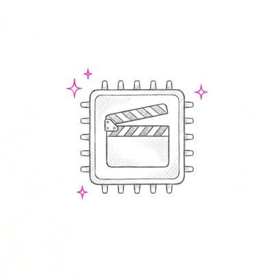 Gezeichnetes Icon: Computerchip mit Filmklappe und Funken