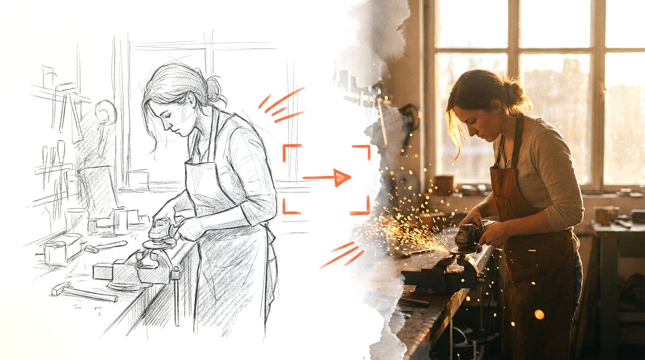 Projekt-Still im Skizze-zu-Film-Look: Handwerkerin in der Werkstatt, links Bleistiftskizze, die mittig weich ins fertige Filmbild übergeht, orangene Marker-Akzente