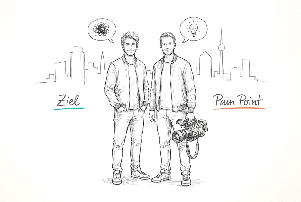 Skizze: zwei entspannte Menschen nebeneinander vor einer Skyline, einer mit locker hängender Kamera in der Hand, Sprechblasen, Notizen Ziel und Pain Point